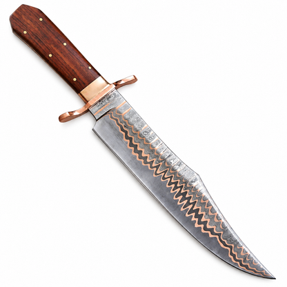 Bowie knife crossed over tan tooled leather sheath with black inlay panel