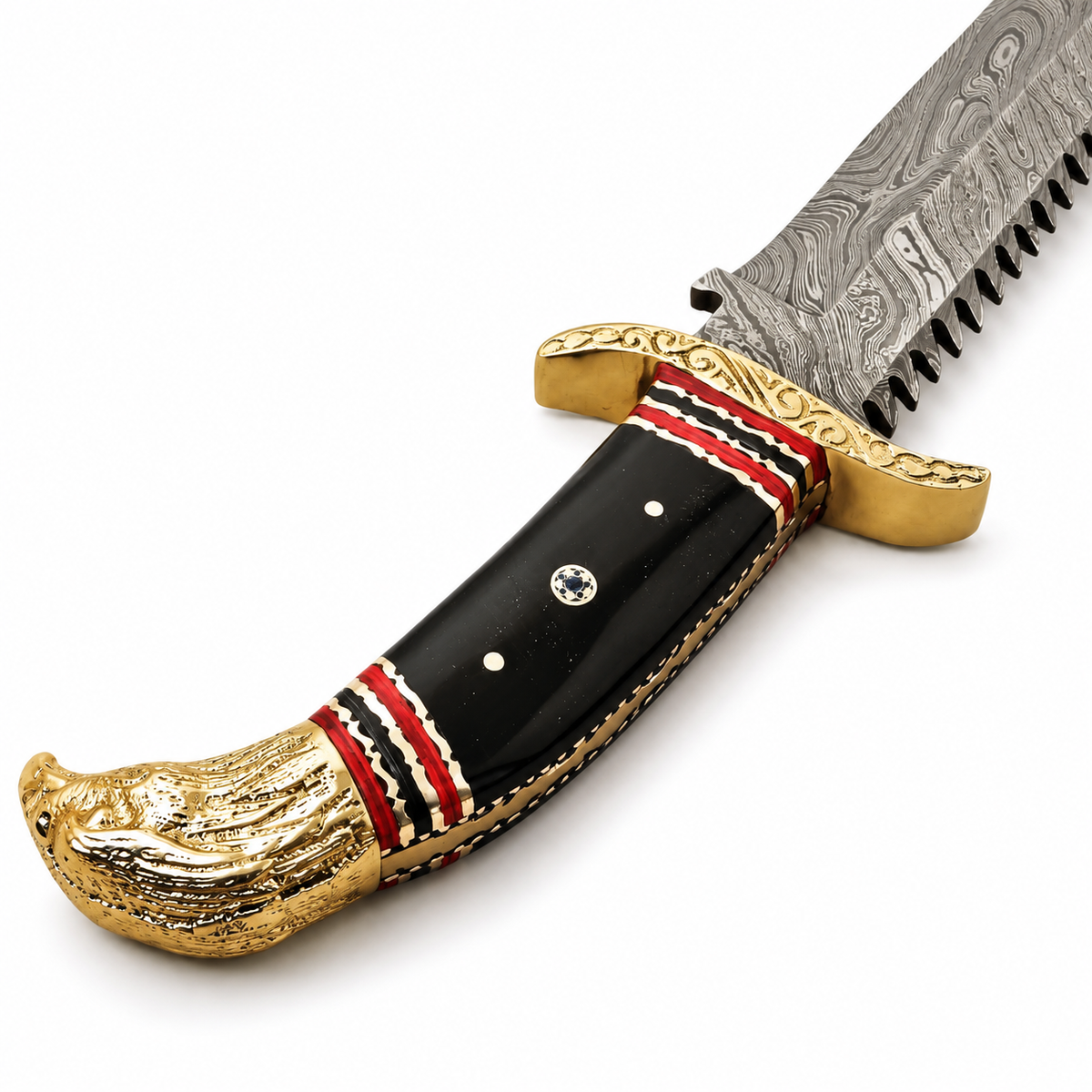 Bowie knife with 7 inch Damascus blade and leather sheath
