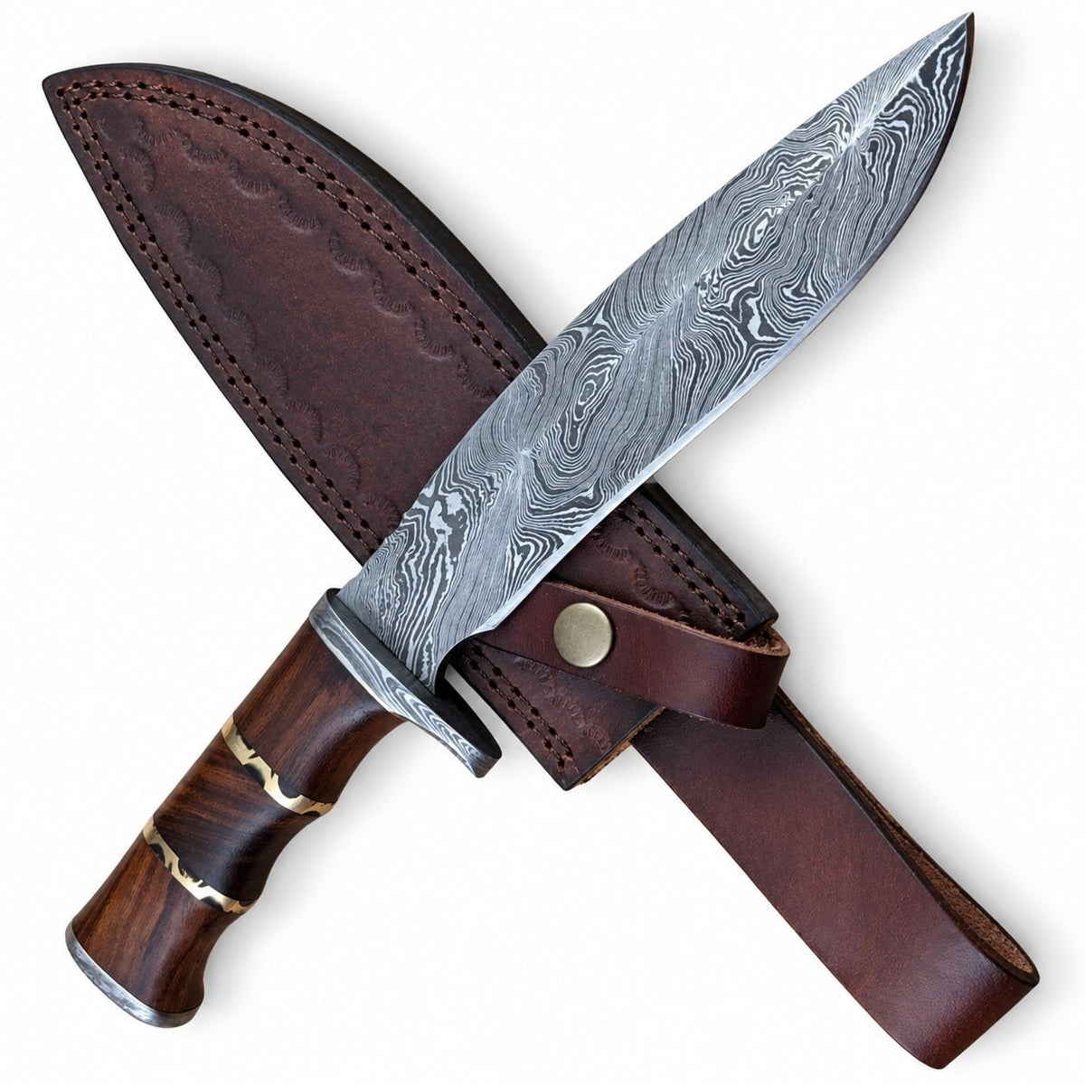 Bowie knife with swirling Damascus pattern and brass bands on the grip

