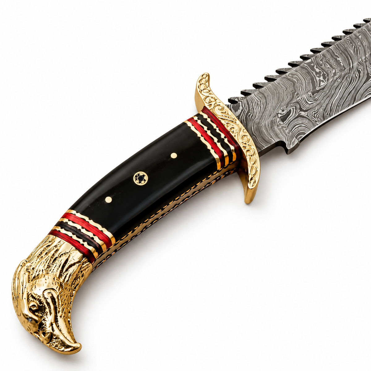Brass eagle head pommel on a micarta handled Damascus Bowie knife