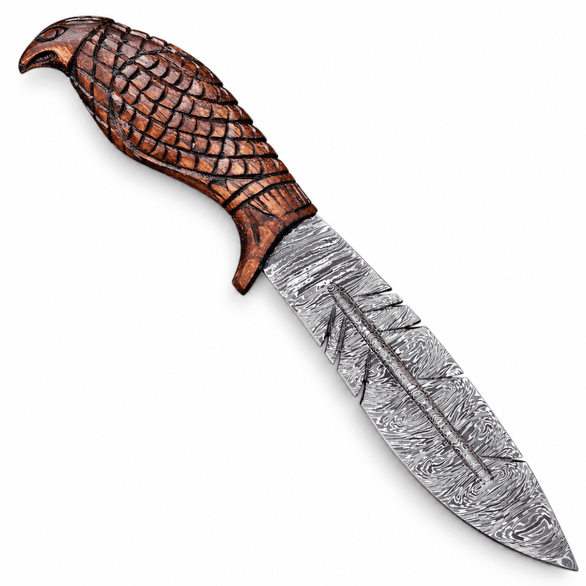 Brown embossed leather sheath with stitching and snap strap beside a Damascus knife