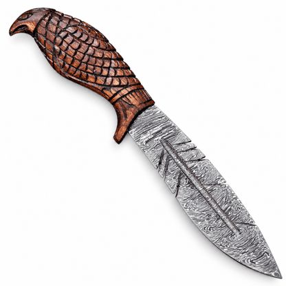 Brown embossed leather sheath with stitching and snap strap beside a Damascus knife