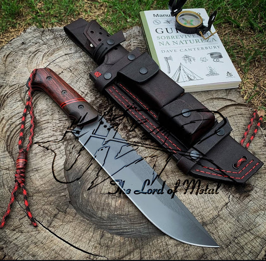 Bushcraft Survival Knife Full Tang | Red Wood Handle + Leather Sheath