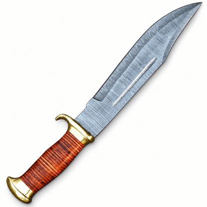 Five-inch stacked leather handle on a Damascus hunting knife