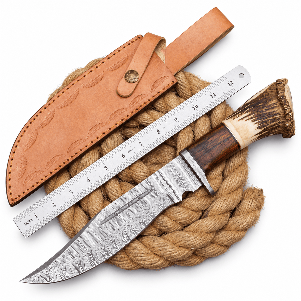 Stag antler handle with textured crown end and wood section with dark spacer
