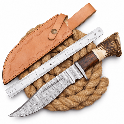 Stag antler handle with textured crown end and wood section with dark spacer
