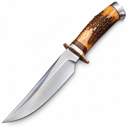 Natural deer antler handle on a handmade carbon steel hunting knife
