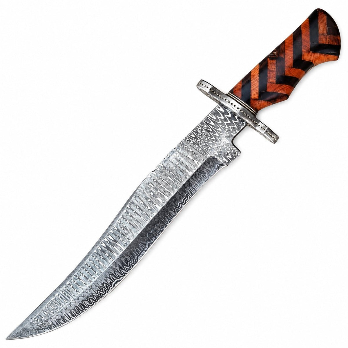 Brown leather sheath with orange stitching and snap strap beside a large Bowie knife