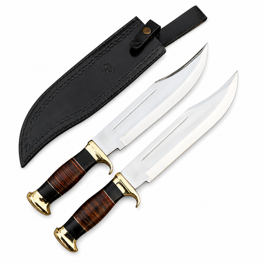 Set of 2 Crocodile Dundee Knife - D2 Tool Steel With Stacked Leather Unique Blades Runner