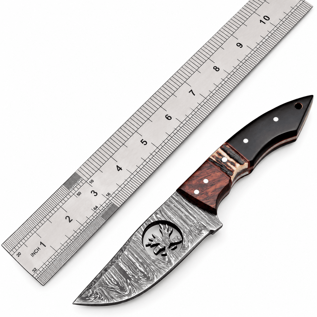 Handmade Damascus steel skinner knife with stag horn, wood and micarta handle
