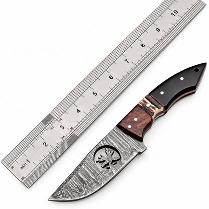 Handmade Damascus steel skinner knife with stag horn, wood and micarta handle
