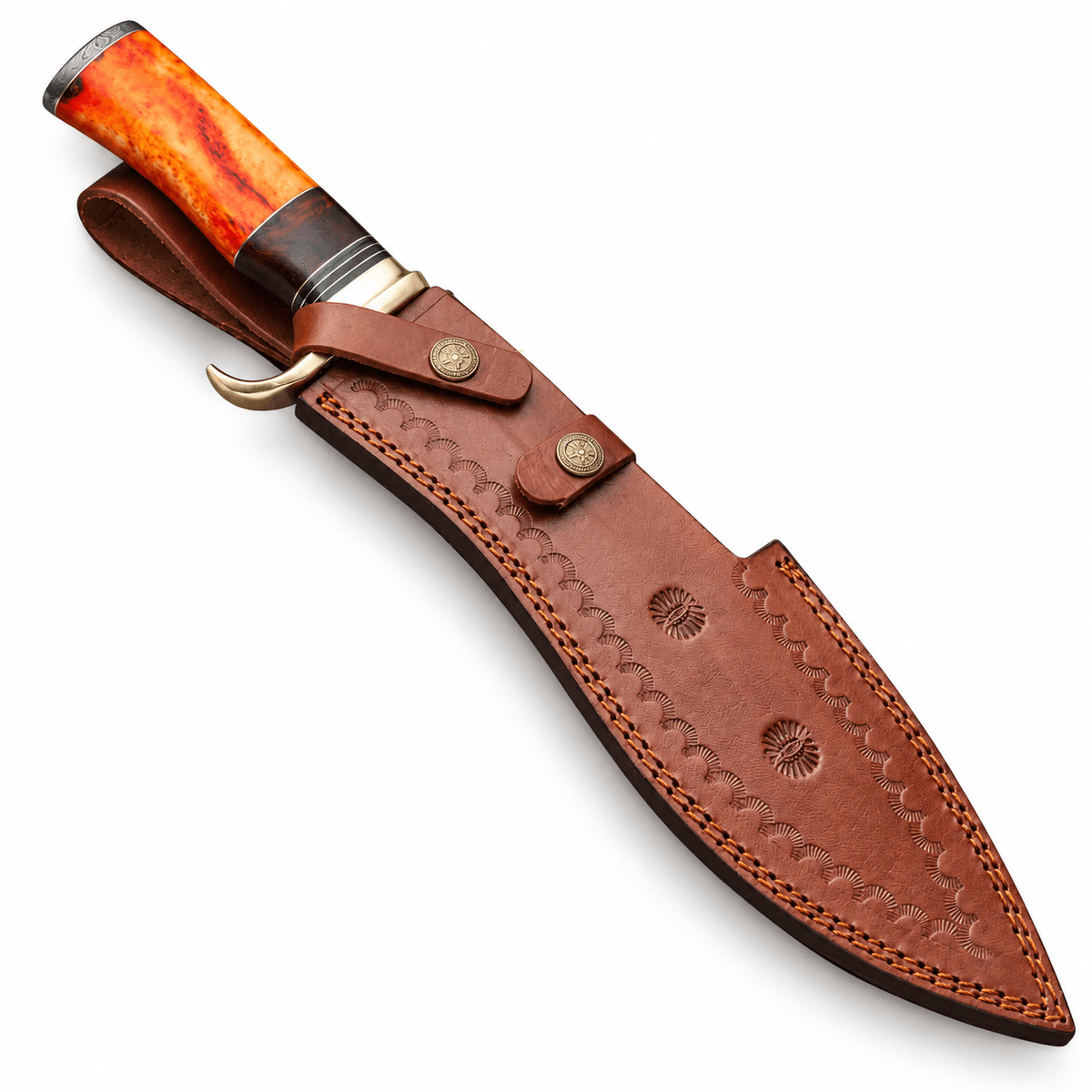 Camel bone handle with brass guard, wood spacer and Damascus end cap
