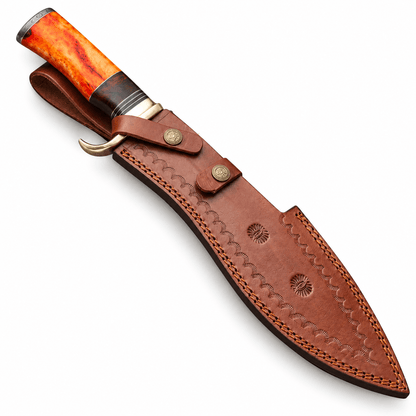 Camel bone handle with brass guard, wood spacer and Damascus end cap
