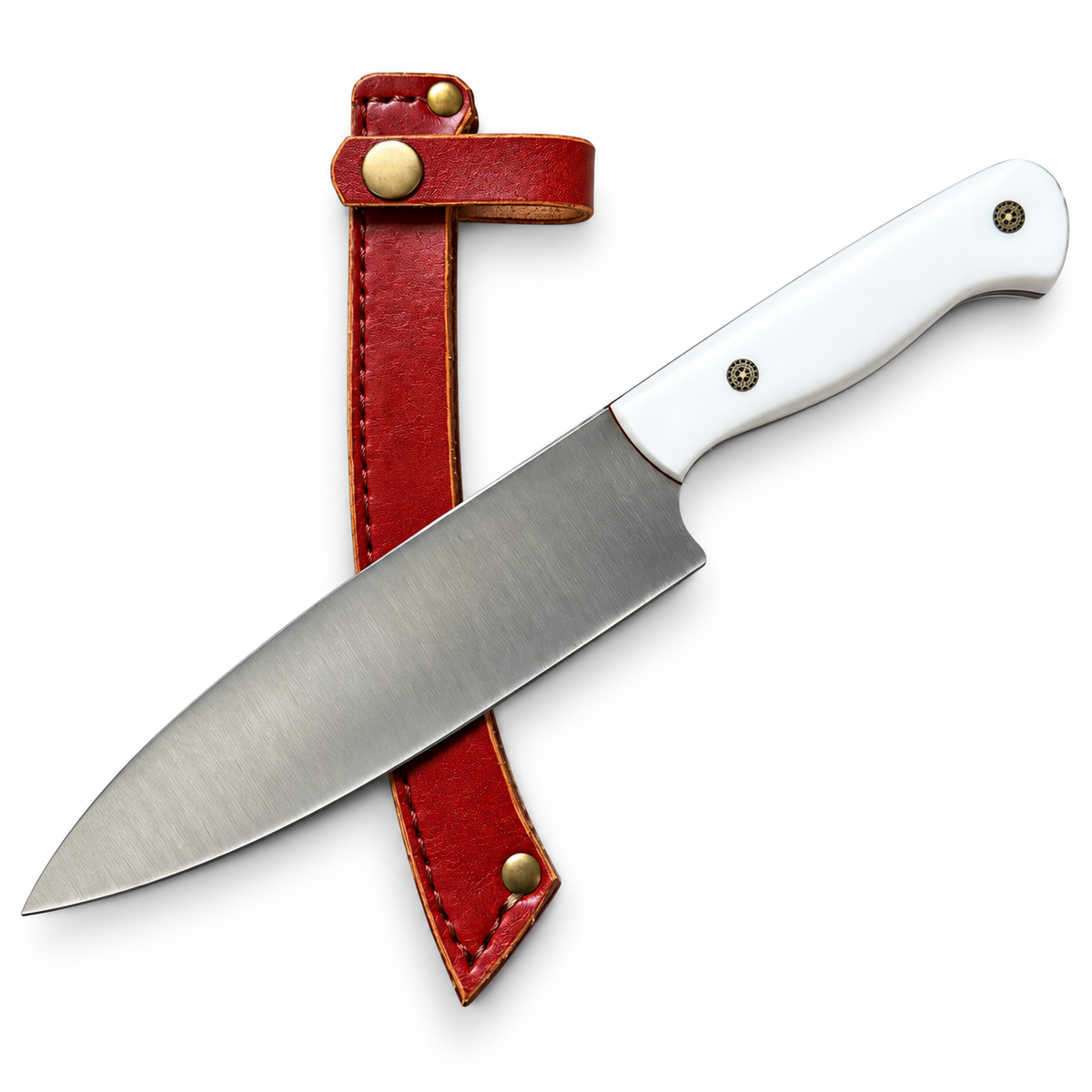 Chef knife with sheath, 7-inch 1095 steel blade and white resin handle
