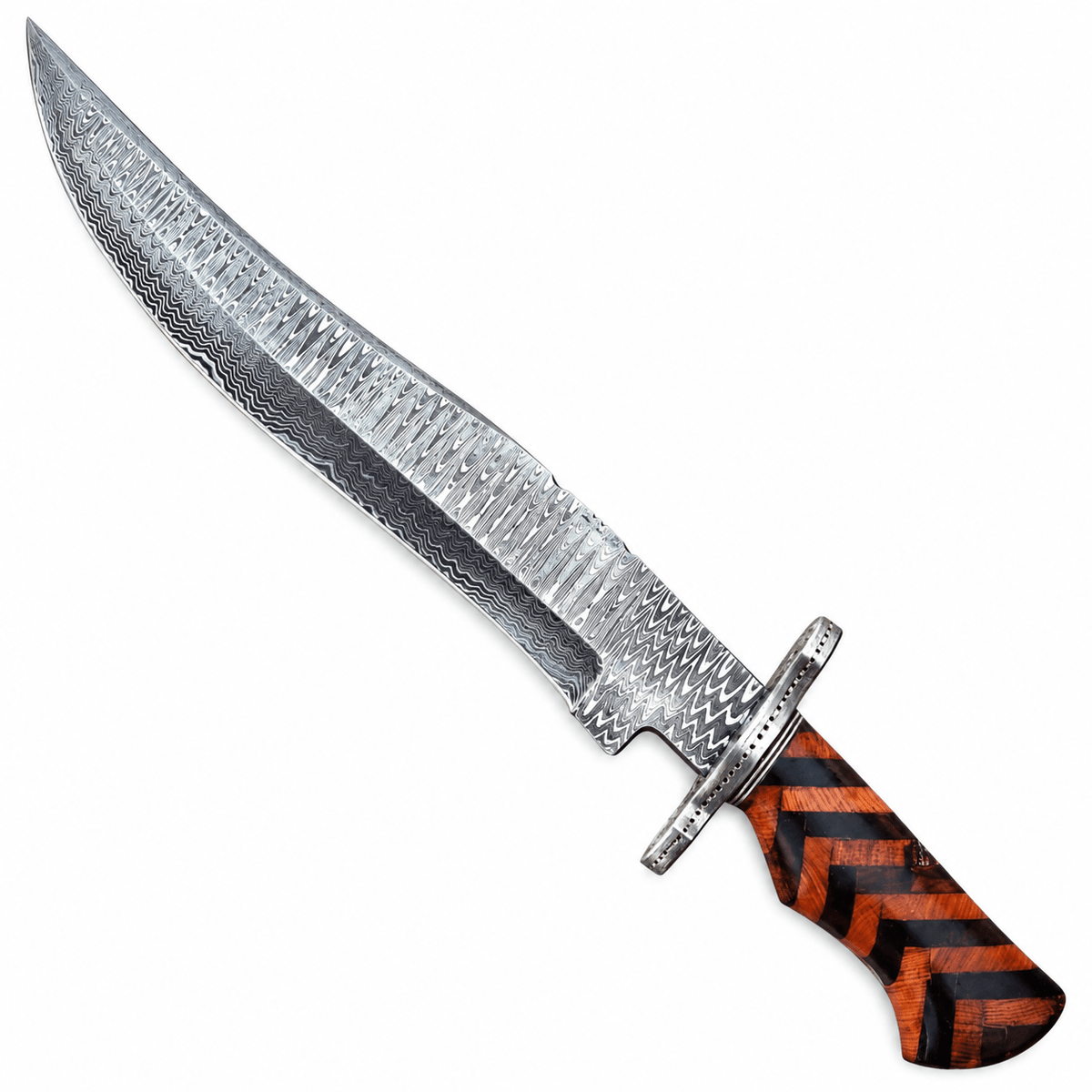 Chevron pattern wood handle in dark and orange-brown with round disc guard
