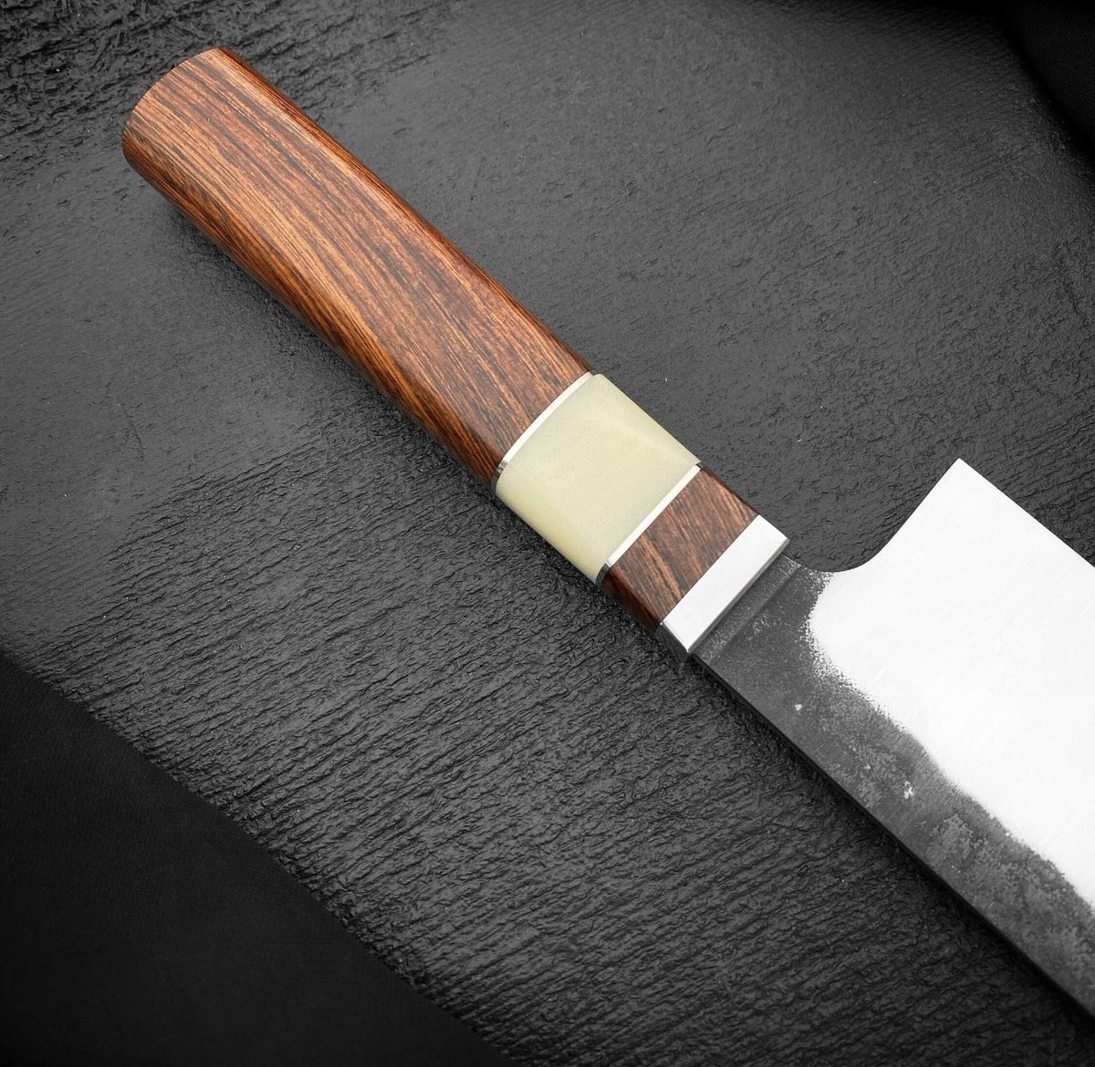 Cleaver handle with brown wood, pale bone section and polished collar
