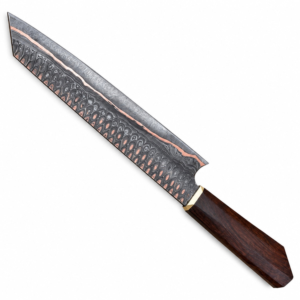 Copper and steel Damascus kiritsuke with angled tip on white background