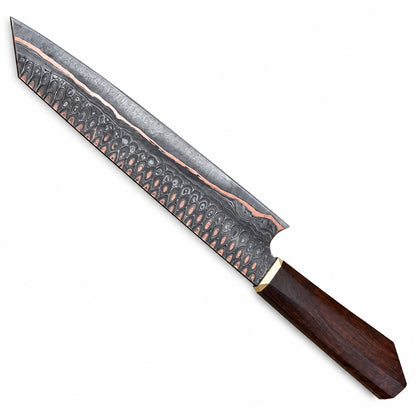 Copper and steel Damascus kiritsuke with angled tip on white background