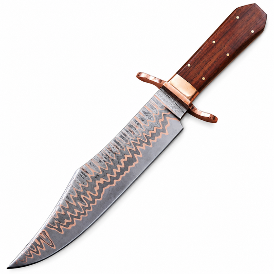 Copper flame pattern on Damascus steel blade of handmade Bowie knife
