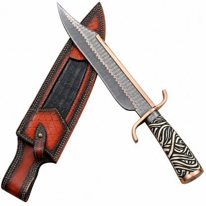 Copper steel Damascus blade with copper spine strip on handmade Bowie knife
