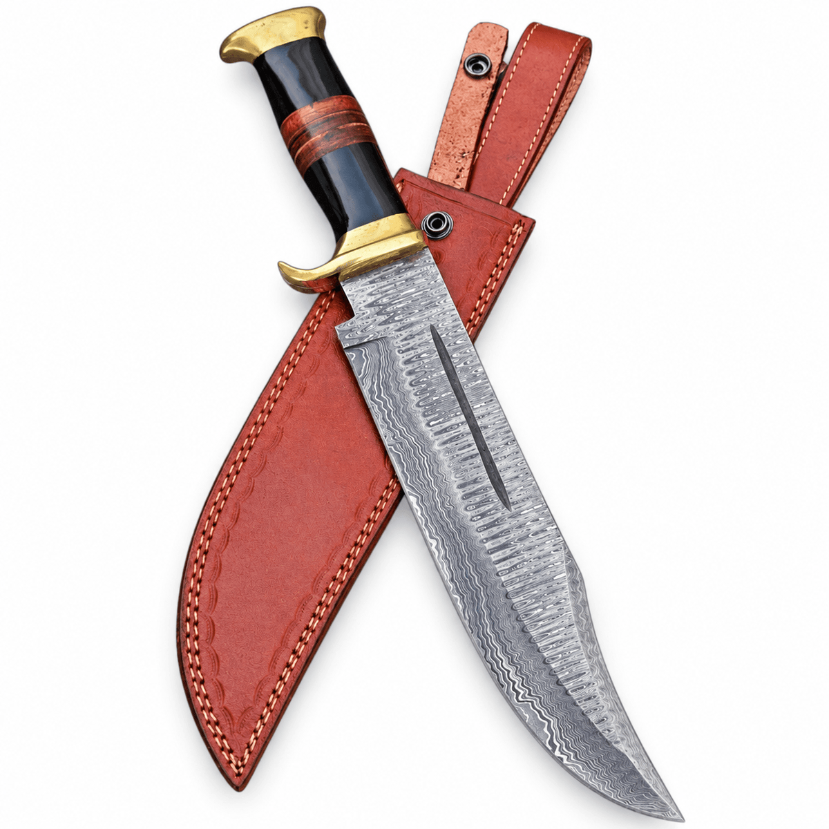 Crocodile Dundee knife replica with Damascus Bowie blade, horn and leather handle, and sheath