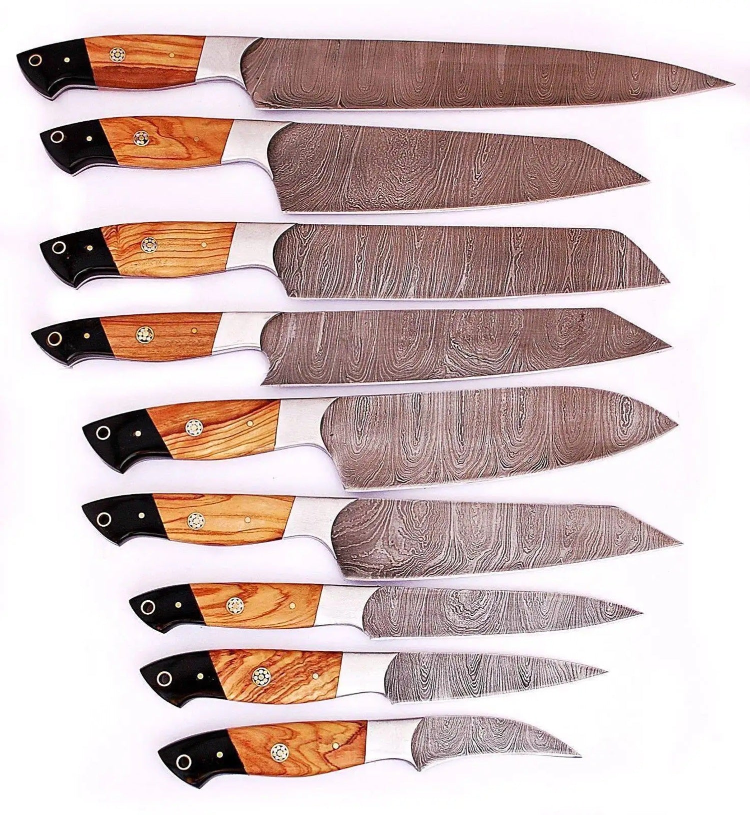 Custom Damascus Steel Kitchen Knife Set with Olive Wood Handle – Full Tang Blades