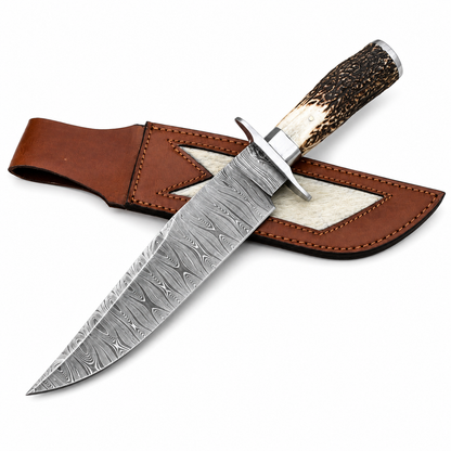 Damascus Steel Bowie Knife with Stag Handle and Leather Sheath Unique Blades Runner