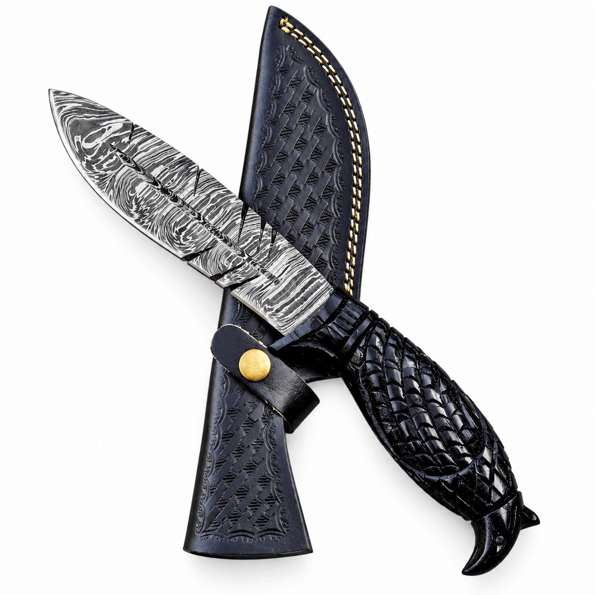Damascus Fixed Blade Knife – Handmade, Eagle Head Carved Wood Handle