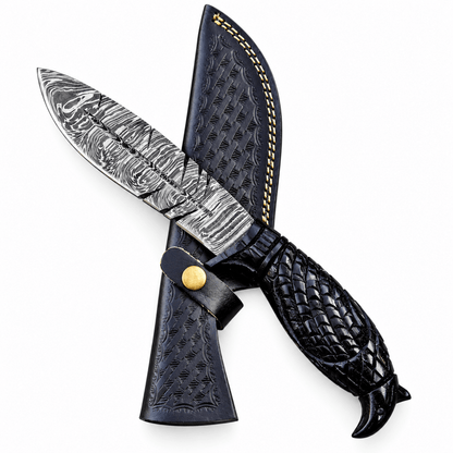 Damascus Fixed Blade Knife – Handmade, Eagle Head Carved Wood Handle