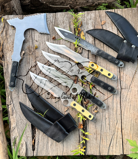 Custom Handmade Throwing Knives and Axe Set with Leather Sheaths – 9 Piece Combo