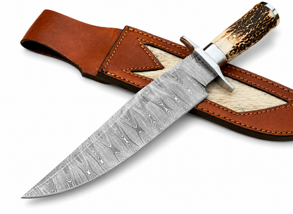 Damascus Steel Bowie Knife with Stag Handle and Leather Sheath Unique Blades Runner