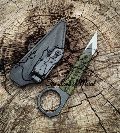 EDC Tactical Knife – Green Paracord Ring Handle Blade with Leather Sheath Unique Blades Runner