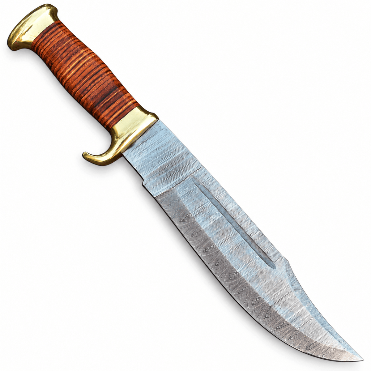 Damascus steel hunting knife beside its brown leather sheath