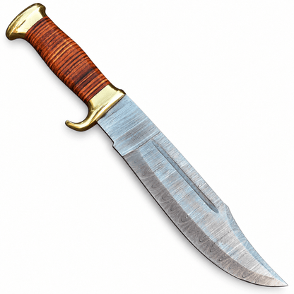Damascus steel hunting knife beside its brown leather sheath