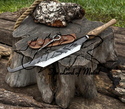 Hand-Forged Butcher Knife with Hook Tip – Custom Cleaver Knife with Leather Sheath Unique Blades Runner