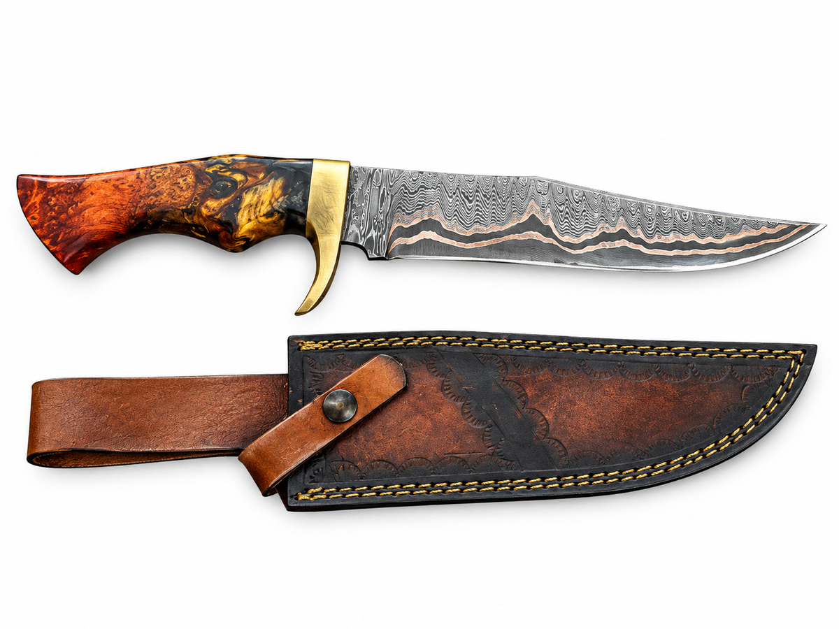 Copper Damascus Bowie Knife – Handmade, Resin Handle, Leather Sheath