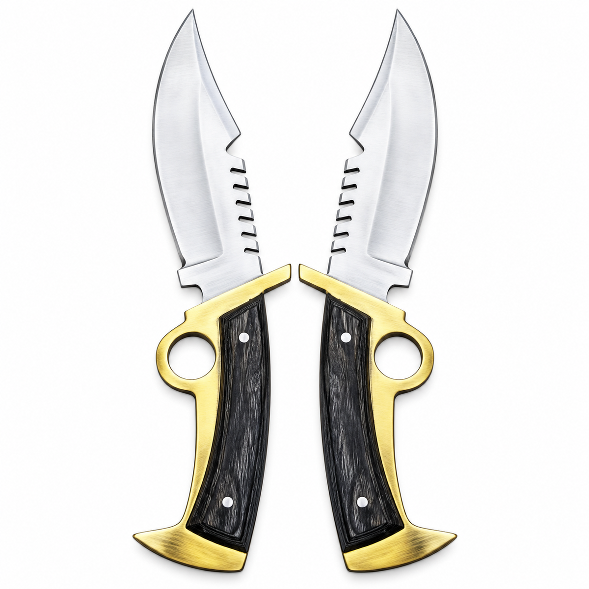 Two matching Walking Dead Bowie knife replicas laid tip to tip on white