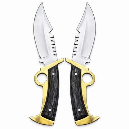 Two matching Walking Dead Bowie knife replicas laid tip to tip on white