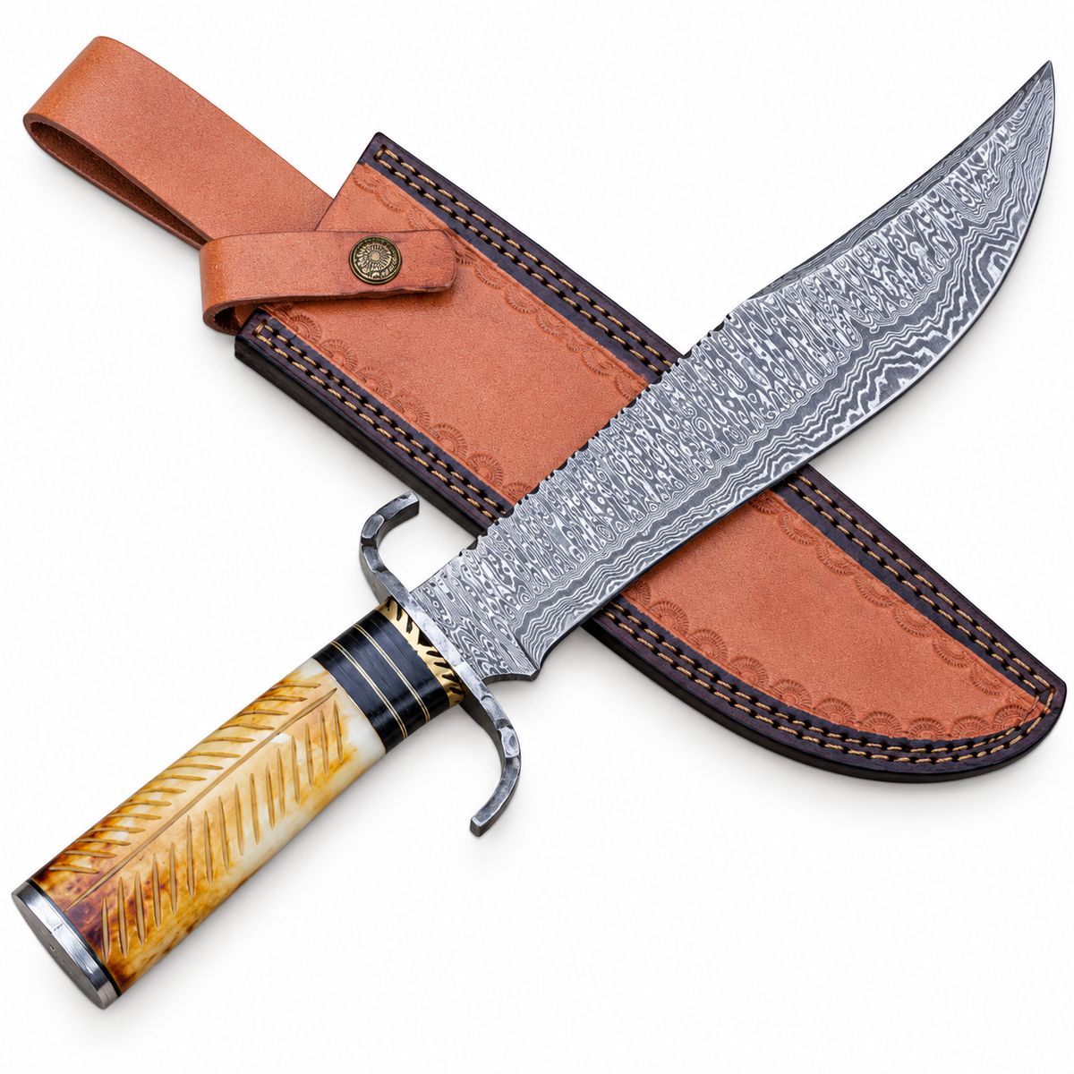 Damascus Bowie knife with 12-inch rippled pattern blade and forged S guard
