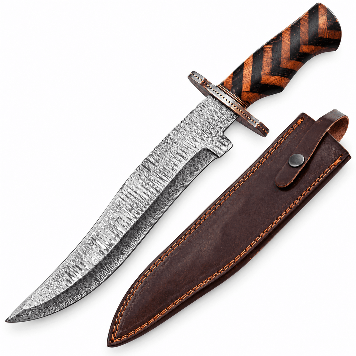 Damascus Bowie knife with chevron wood handle, disc guard and leather sheath
