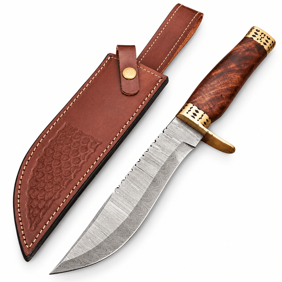 Damascus Bowie knife with figured wood handle, pierced brass bolster and leather sheath
