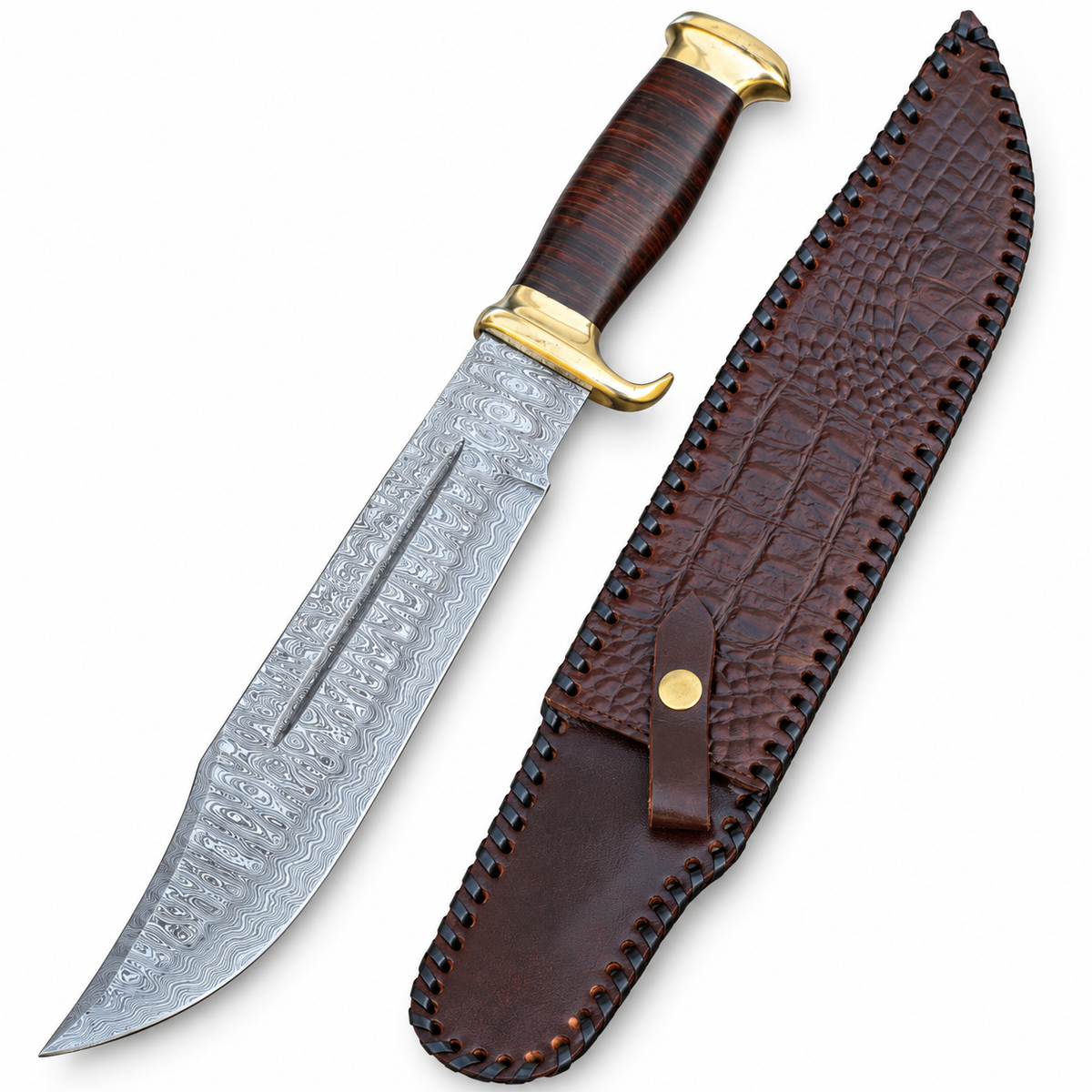 Damascus Crocodile Dundee Bowie knife shown with its leather sheath