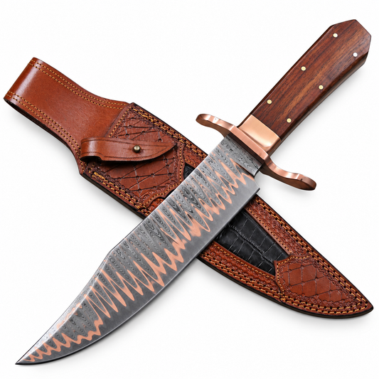 Damascus copper Bowie knife with 12-inch blade and copper S guard

