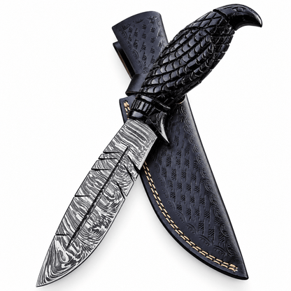 Damascus fixed blade knife with eagle head carved wood handle and leather sheath
