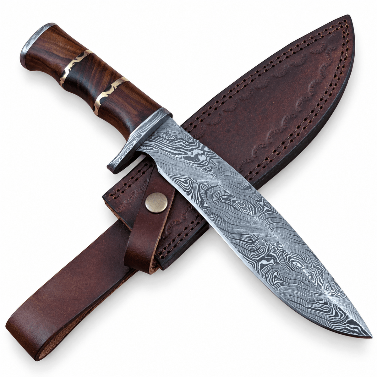 Damascus guard and end cap on a wood and brass Bowie knife handle
