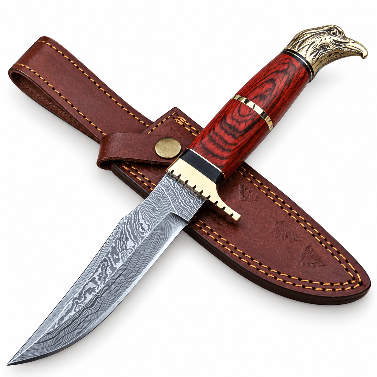 Damascus hunting knife with brass eagle head pommel and wood handle
