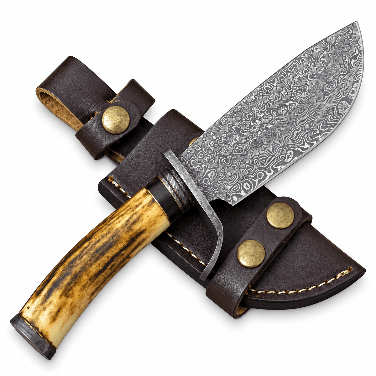 Damascus hunting knife with deer antler handle and swirling blade pattern
