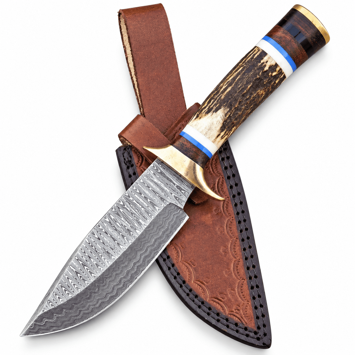 Damascus hunting knife with stag horn handle, brass guard and tan leather sheath
