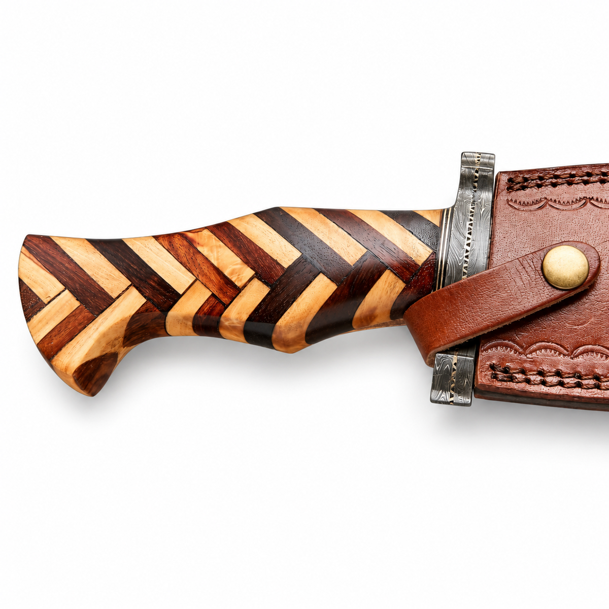 Damascus recurve Bowie knife beside its original leather sheath
