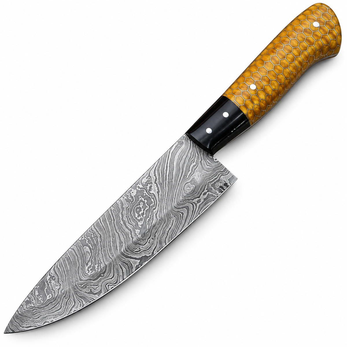Damascus steel chef knife with 7-inch swirl pattern blade
